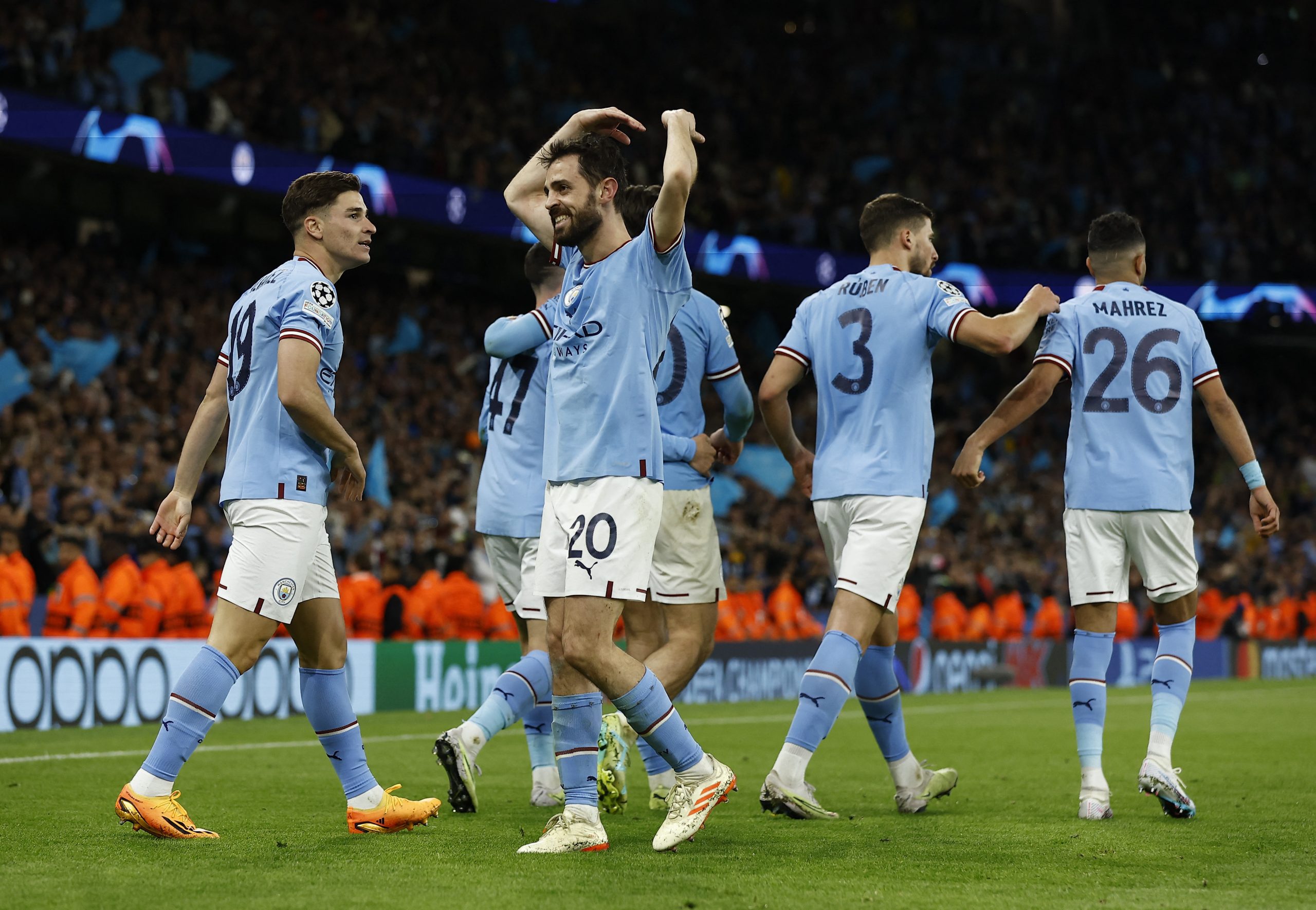 Soccer Football - Champions League - Semi Final - Second Leg - Manchester City v Real Madrid - Etihad Stadium, Manchester, Britain - May 17, 2023  Manchester City's Julian Alvarez celebrates scoring their fourth goal with Bernardo Silva Action Images via Reuters/Jason Cairnduff