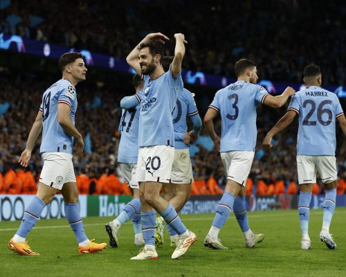 Soccer Football - Champions League - Semi Final - Second Leg - Manchester City v Real Madrid - Etihad Stadium, Manchester, Britain - May 17, 2023  Manchester City's Julian Alvarez celebrates scoring their fourth goal with Bernardo Silva Action Images via Reuters/Jason Cairnduff