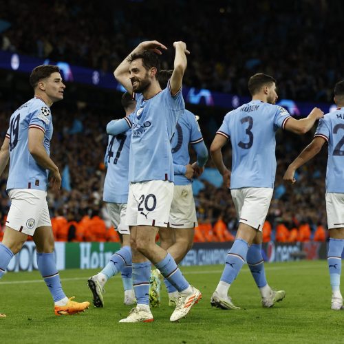 Soccer Football - Champions League - Semi Final - Second Leg - Manchester City v Real Madrid - Etihad Stadium, Manchester, Britain - May 17, 2023  Manchester City's Julian Alvarez celebrates scoring their fourth goal with Bernardo Silva Action Images via Reuters/Jason Cairnduff